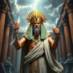 A powerful and majestic depiction of a Pharaoh as Zeus, combining elements of ancient Egyptian royalty and Greek mythology