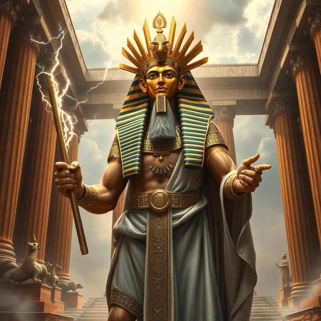 A powerful and majestic depiction of a Pharaoh as Zeus, combining elements of ancient Egyptian royalty and Greek mythology