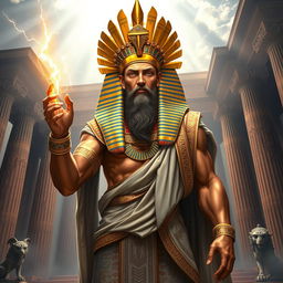 A powerful and majestic depiction of a Pharaoh as Zeus, combining elements of ancient Egyptian royalty and Greek mythology