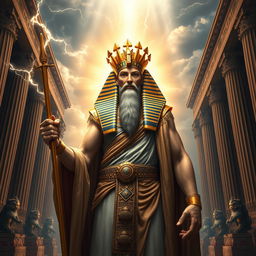 A powerful and majestic depiction of a Pharaoh as Zeus, combining elements of ancient Egyptian royalty and Greek mythology