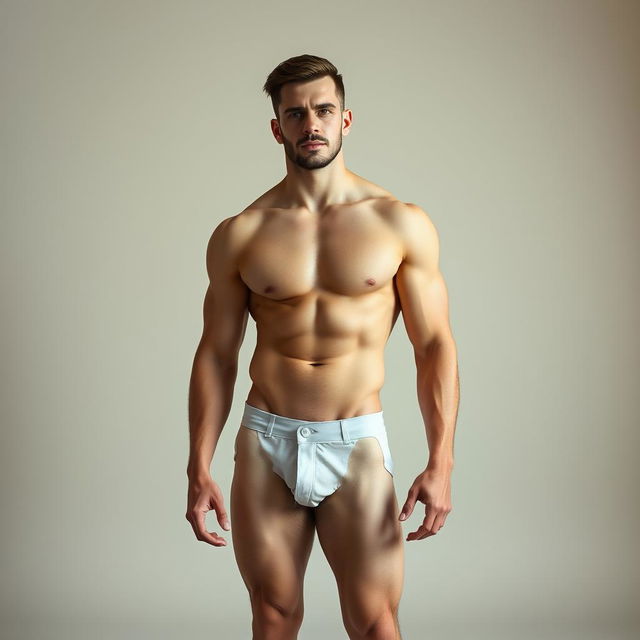 A full-body portrait of a confident and muscular adult male, standing proudly in an artistic manner, showcasing natural human form, with soft, dramatic lighting that highlights the contours of his physique