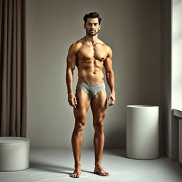 A full-body portrait of a confident and muscular adult male, standing proudly in an artistic manner, showcasing natural human form, with soft, dramatic lighting that highlights the contours of his physique