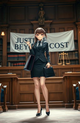 A girl dressed in a sleek, professional lawyer's outfit, looking confident and determined, standing in a grand courtroom decorated with classic wood paneling and ornate details