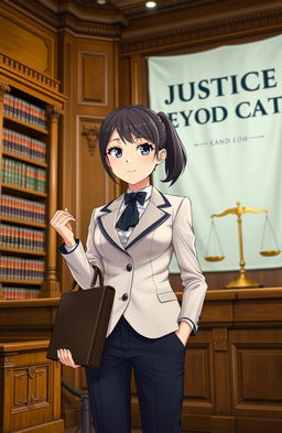A girl dressed in a sleek, professional lawyer's outfit, looking confident and determined, standing in a grand courtroom decorated with classic wood paneling and ornate details