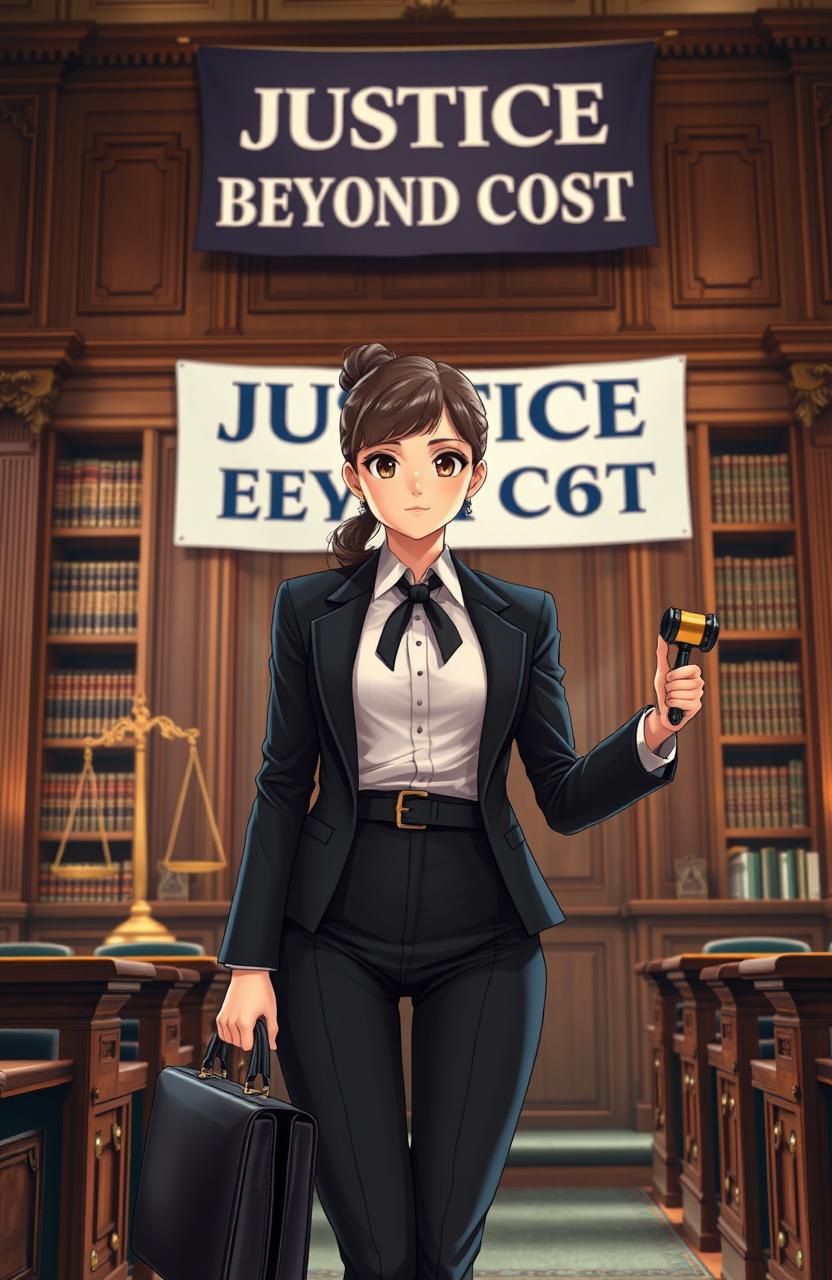 A girl dressed in a sleek, professional lawyer's outfit, looking confident and determined, standing in a grand courtroom decorated with classic wood paneling and ornate details