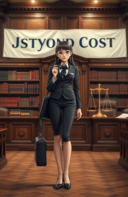 A girl dressed in a sleek, professional lawyer's outfit, looking confident and determined, standing in a grand courtroom decorated with classic wood paneling and ornate details