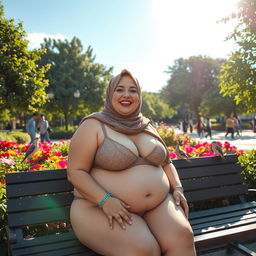 A plump woman wearing a hijab and transparent lingerie, sitting on a bench in a public park surrounded by lush greenery, vibrant flowers, and a bright blue sky