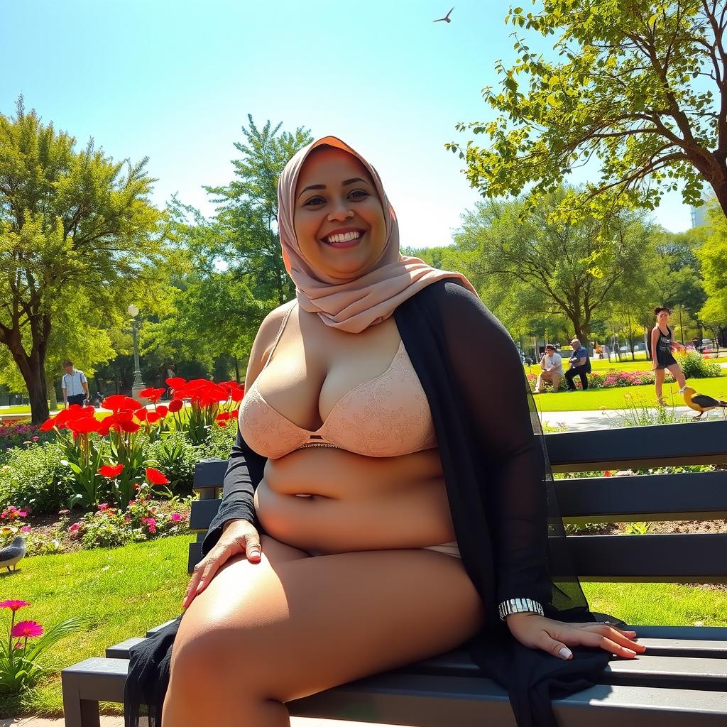 A plump woman wearing a hijab and transparent lingerie, sitting on a bench in a public park surrounded by lush greenery, vibrant flowers, and a bright blue sky