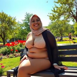 A plump woman wearing a hijab and transparent lingerie, sitting on a bench in a public park surrounded by lush greenery, vibrant flowers, and a bright blue sky