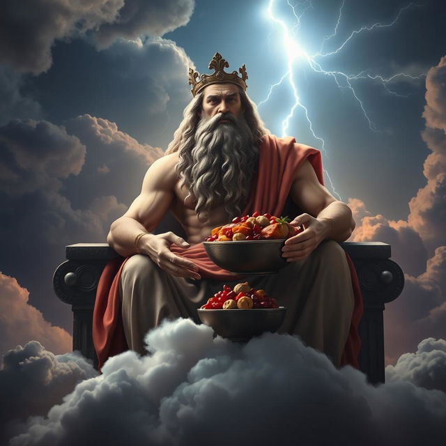 A majestic depiction of Zeus, the Greek god, seated regally on a throne of clouds, holding a beautifully presented bowl of fesenjan, a traditional Persian dish made with chicken, pomegranate, and walnuts