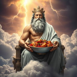 A majestic depiction of Zeus, the Greek god, seated regally on a throne of clouds, holding a beautifully presented bowl of fesenjan, a traditional Persian dish made with chicken, pomegranate, and walnuts