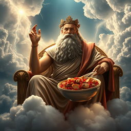 A majestic depiction of Zeus, the Greek god, seated regally on a throne of clouds, holding a beautifully presented bowl of fesenjan, a traditional Persian dish made with chicken, pomegranate, and walnuts