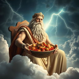 A majestic depiction of Zeus, the Greek god, seated regally on a throne of clouds, holding a beautifully presented bowl of fesenjan, a traditional Persian dish made with chicken, pomegranate, and walnuts