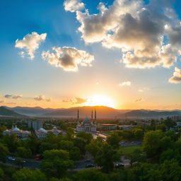 A stunning panoramic view of Islamabad, Pakistan, capturing the lush green Margalla Hills in the background, with the iconic Faisal Mosque prominently displayed in the foreground