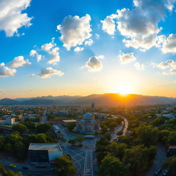 A stunning panoramic view of Islamabad, Pakistan, capturing the lush green Margalla Hills in the background, with the iconic Faisal Mosque prominently displayed in the foreground