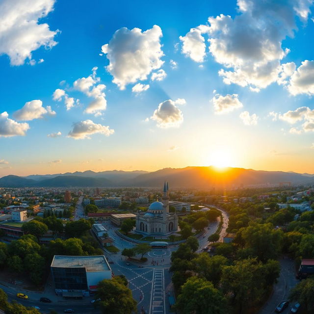 A stunning panoramic view of Islamabad, Pakistan, capturing the lush green Margalla Hills in the background, with the iconic Faisal Mosque prominently displayed in the foreground