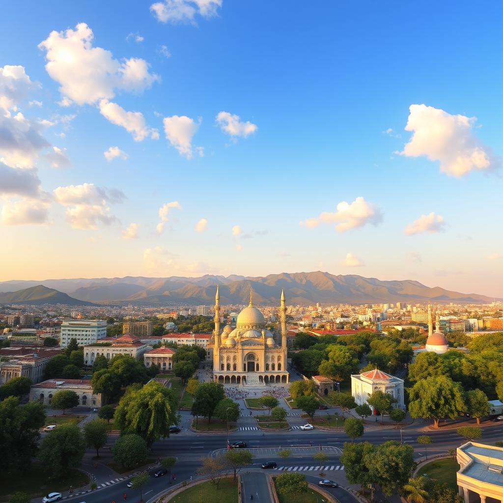 A stunning panoramic view of Islamabad, Pakistan, capturing the lush green Margalla Hills in the background, with the iconic Faisal Mosque prominently displayed in the foreground