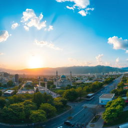 A stunning panoramic view of Islamabad, Pakistan, capturing the lush green Margalla Hills in the background, with the iconic Faisal Mosque prominently displayed in the foreground