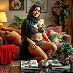 A voluptuous woman wearing a hijab and sheer lingerie, sitting on a plush sofa in a cozy living room