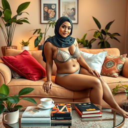 A voluptuous woman wearing a hijab and sheer lingerie, sitting on a plush sofa in a cozy living room