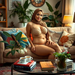 A voluptuous woman wearing a hijab and sheer lingerie, sitting on a plush sofa in a cozy living room
