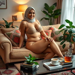 A voluptuous woman wearing a hijab and sheer lingerie, sitting on a plush sofa in a cozy living room