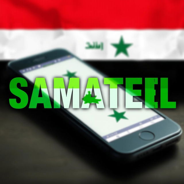 The word 'SAMATEL' prominently displayed, colored in the vibrant green of the Syrian flag, with an artistic background featuring a mobile phone