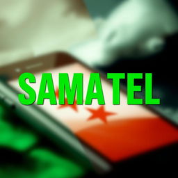 The word 'SAMATEL' prominently displayed, colored in the vibrant green of the Syrian flag, with an artistic background featuring a mobile phone