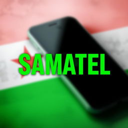 The word 'SAMATEL' prominently displayed, colored in the vibrant green of the Syrian flag, with an artistic background featuring a mobile phone