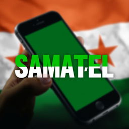The word 'SAMATEL' prominently displayed, colored in the vibrant green of the Syrian flag, with an artistic background featuring a mobile phone