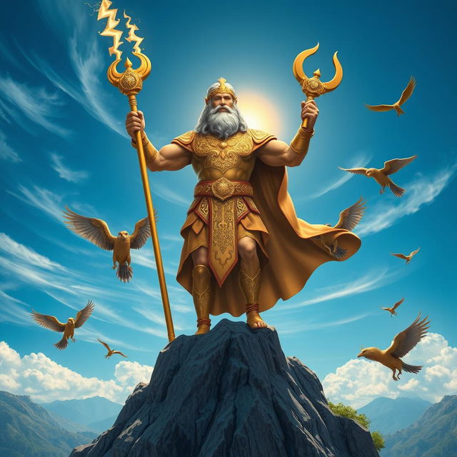 An artistic representation of a Persian version of Zeus, standing majestically atop a grand mountain overlooking a lush landscape