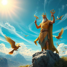 An artistic representation of a Persian version of Zeus, standing majestically atop a grand mountain overlooking a lush landscape
