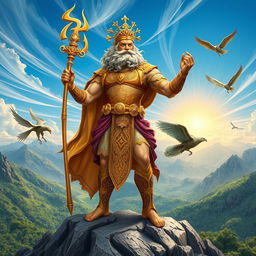 An artistic representation of a Persian version of Zeus, standing majestically atop a grand mountain overlooking a lush landscape