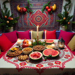 A beautifully decorated Yalda night table set up in a physical education college, showcasing traditional Persian elements