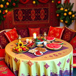 A beautifully decorated Yalda night table set up in a physical education college, showcasing traditional Persian elements