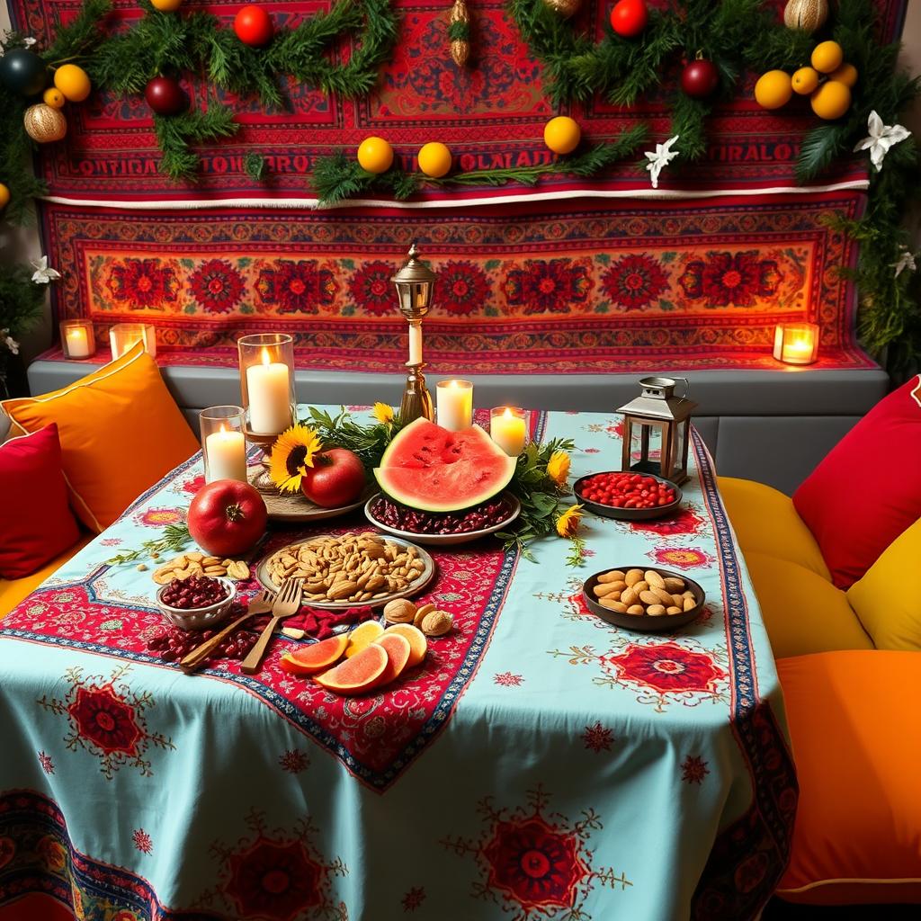A beautifully decorated Yalda night table set up in a physical education college, showcasing traditional Persian elements