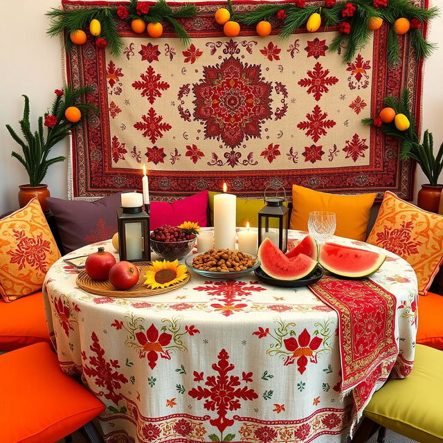 A beautifully decorated Yalda night table set up in a physical education college, showcasing traditional Persian elements