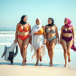 Three plus-sized women wearing hijabs and lingerie walking along a beach