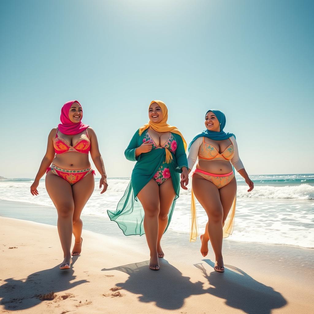 Three plus-sized women wearing hijabs and lingerie walking along a beach