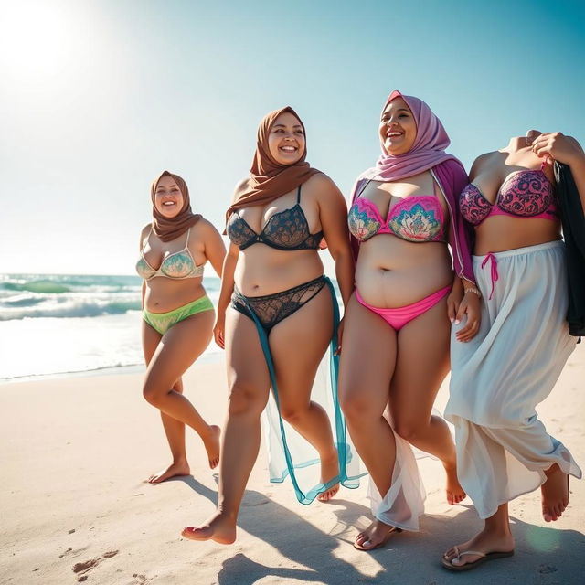 Three plus-sized women wearing hijabs and lingerie walking along a beach