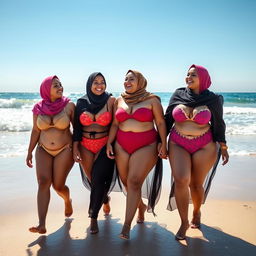 Three plus-sized women wearing hijabs and lingerie walking along a beach