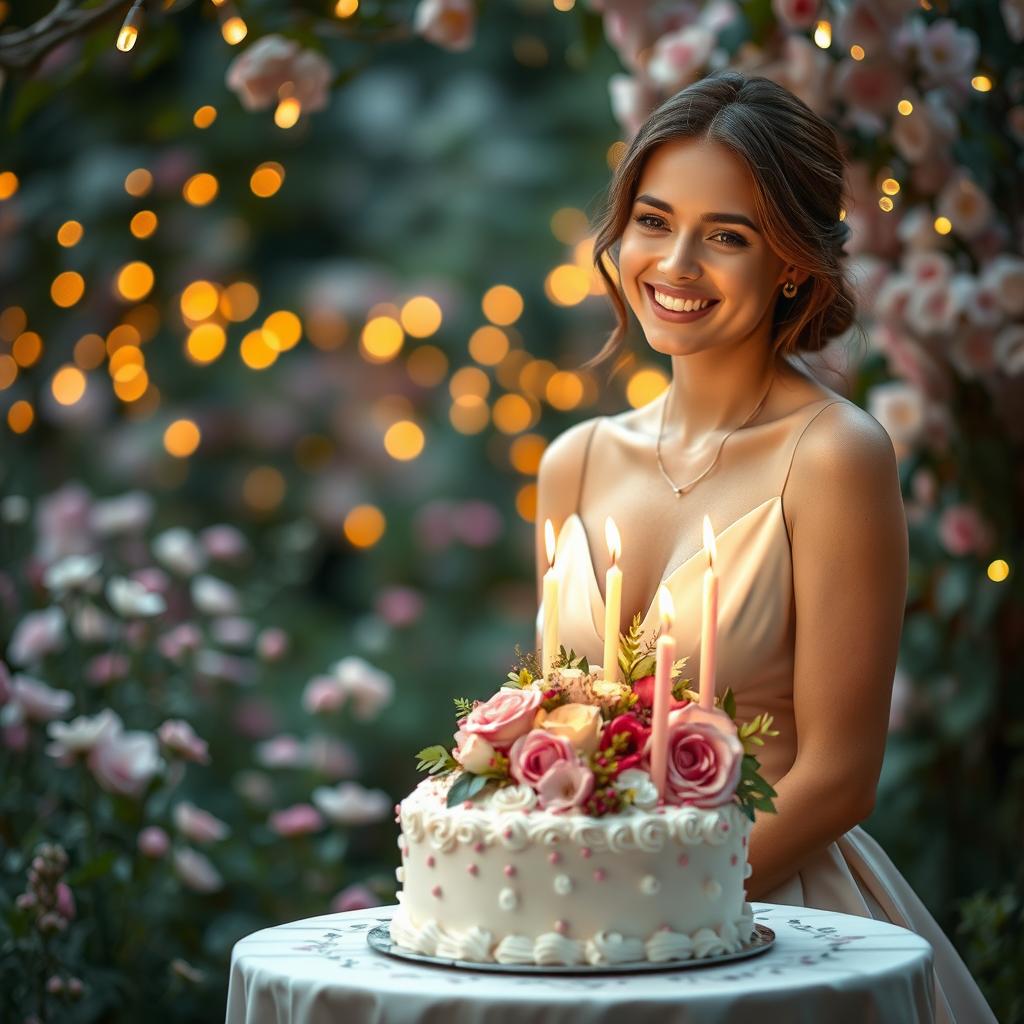 A romantic scene depicting an exquisite and elegant woman with a radiant smile, surrounded by soft, warm lighting that highlights her beauty