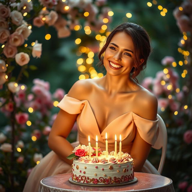 A romantic scene depicting an exquisite and elegant woman with a radiant smile, surrounded by soft, warm lighting that highlights her beauty