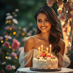 A romantic scene depicting an exquisite and elegant woman with a radiant smile, surrounded by soft, warm lighting that highlights her beauty