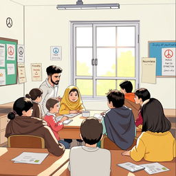A serene and hopeful scene depicting a diverse group of students in a school setting, actively participating in a reconciliation program