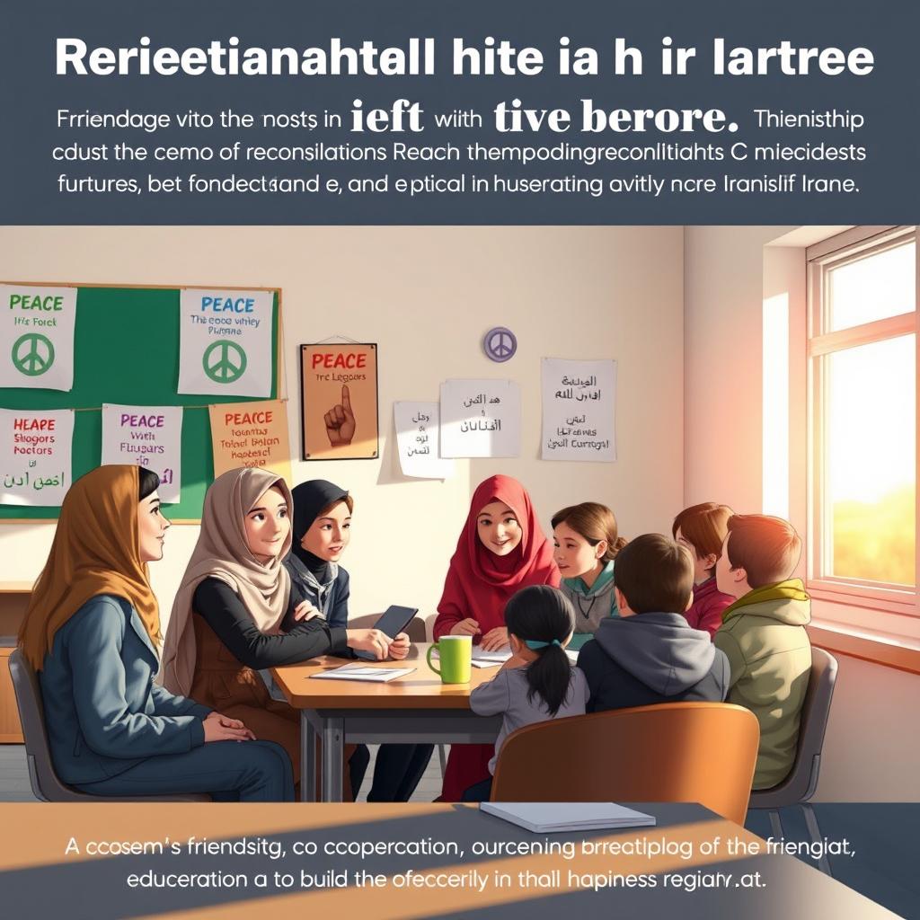 A serene and hopeful scene depicting a diverse group of students in a school setting, actively participating in a reconciliation program