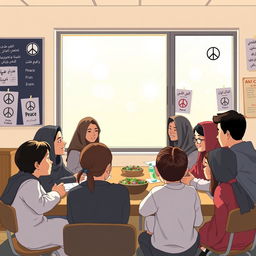 A serene and hopeful scene depicting a diverse group of students in a school setting, actively participating in a reconciliation program