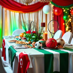 A beautifully decorated table for Yalda Night with a sports theme, showcasing elements symbolizing both the holiday and various sports