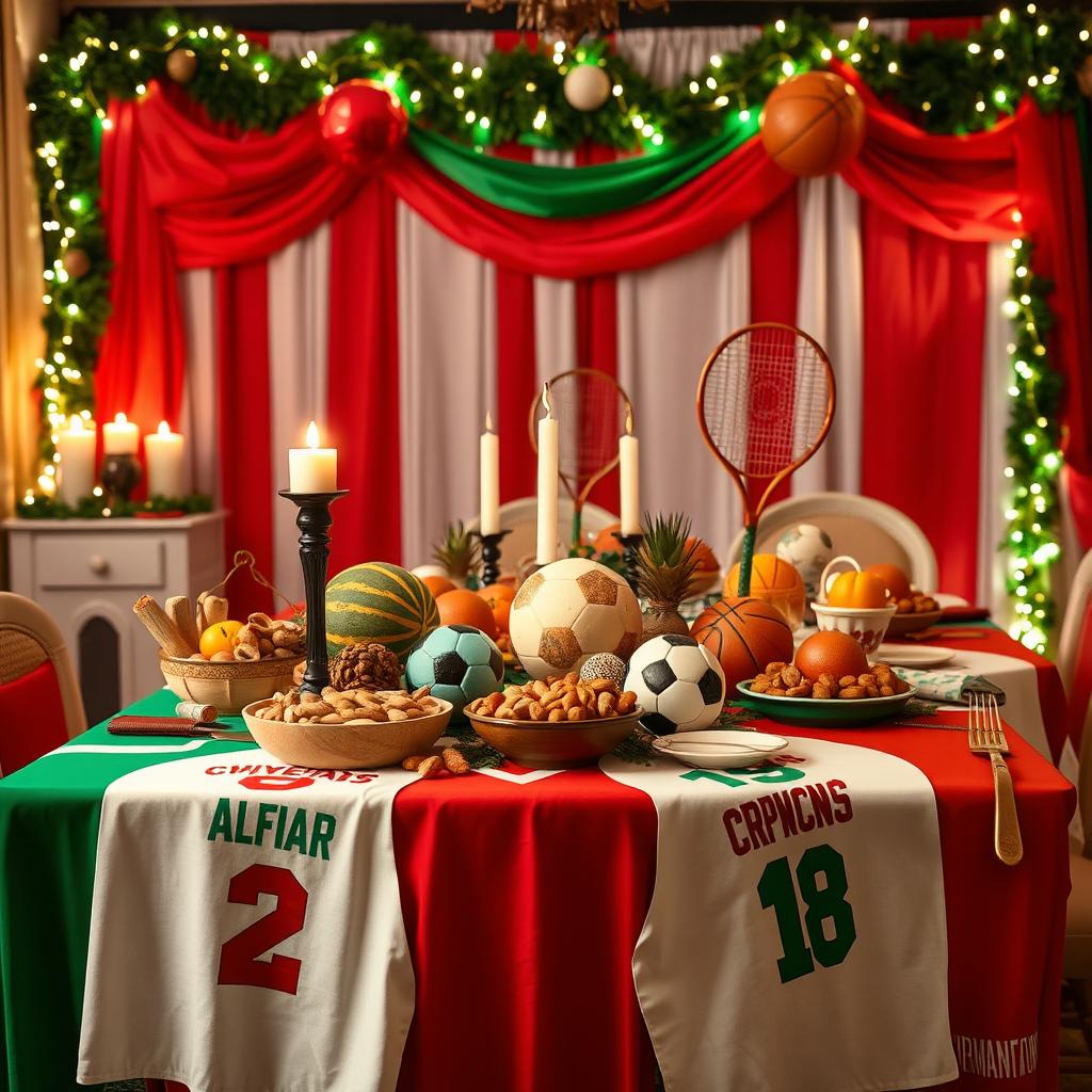 A beautifully decorated table for Yalda Night with a sports theme, showcasing elements symbolizing both the holiday and various sports