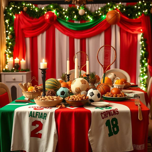 A beautifully decorated table for Yalda Night with a sports theme, showcasing elements symbolizing both the holiday and various sports